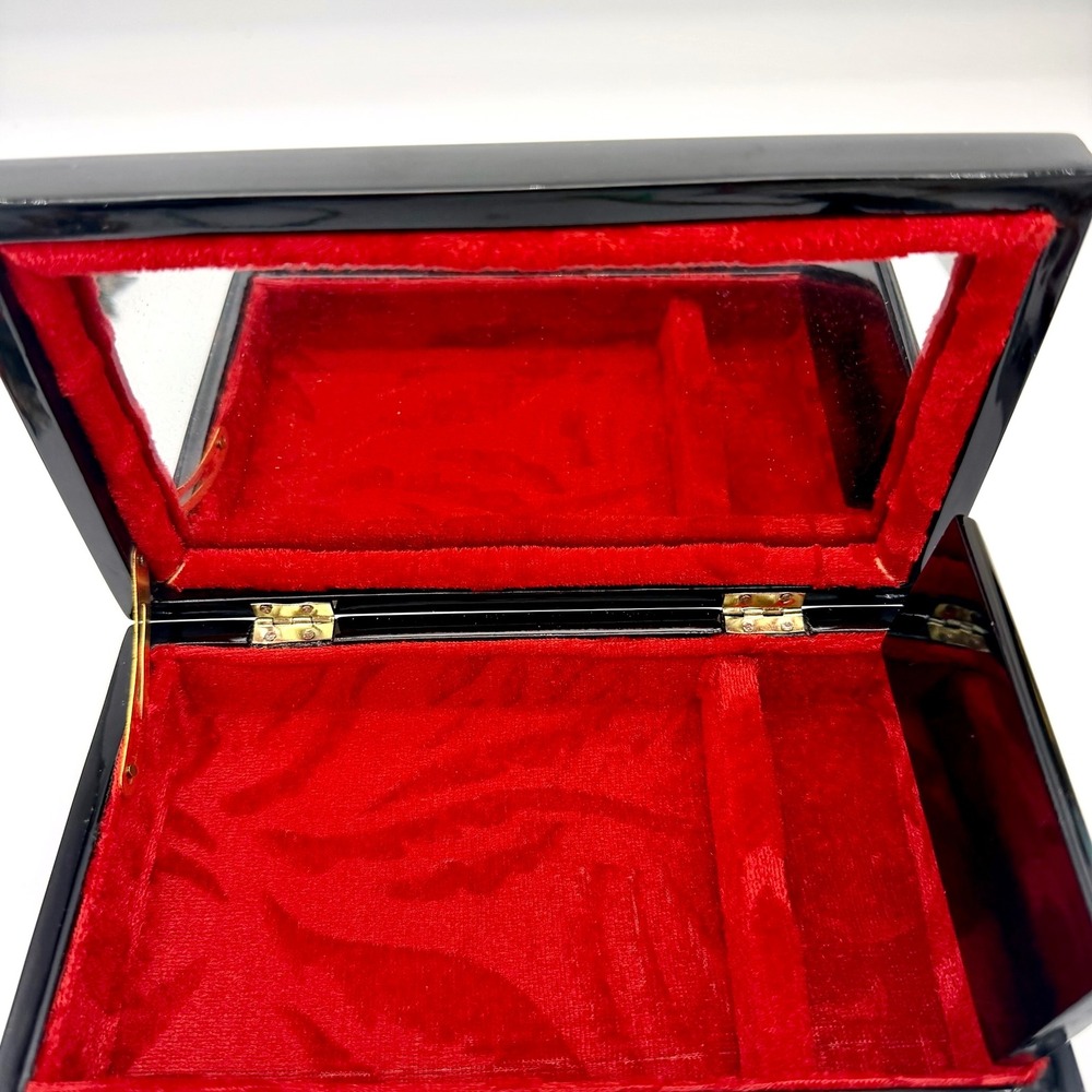 Vintage Asian Black Lacquer Jewelry Box Hand Painted Red Velvet Mirror 7.5" - Picture 5 of 13